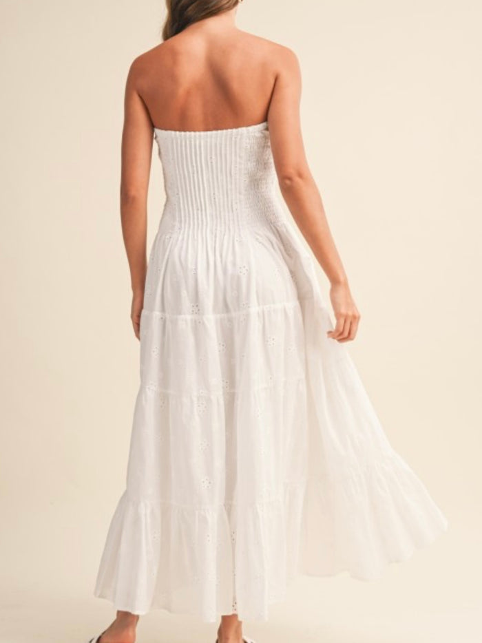 Off White Strapless Pleat Detail Eyelet Midi Dress