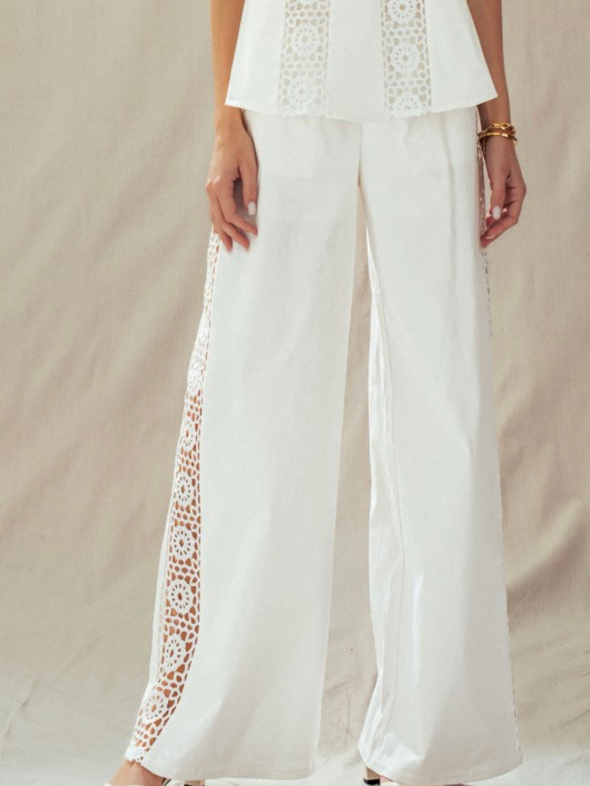 White Santorini Lace Detail Wide Leg Pants