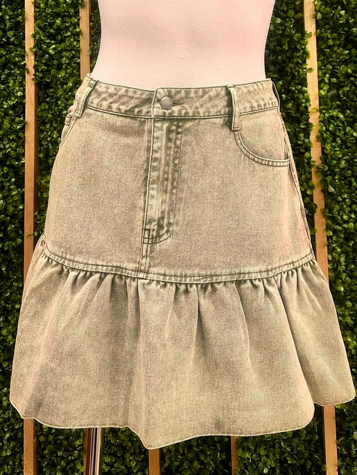 Vintage Wash Ruffled Hem Denim Skirt