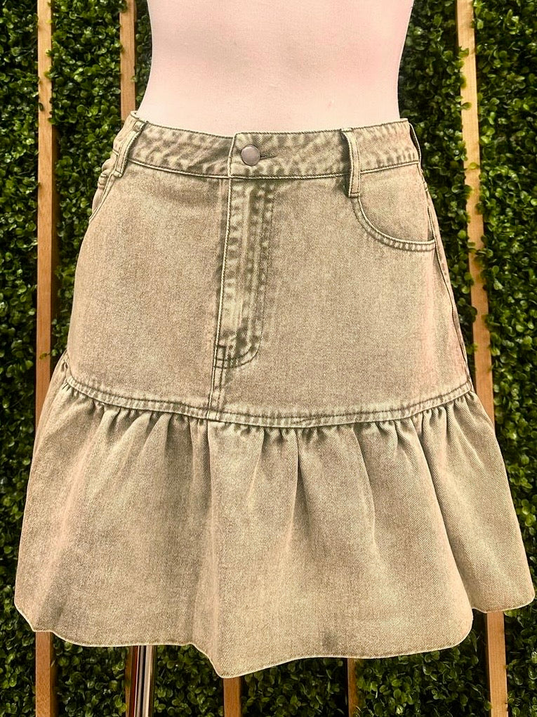 Vintage Wash Ruffled Hem Denim Skirt