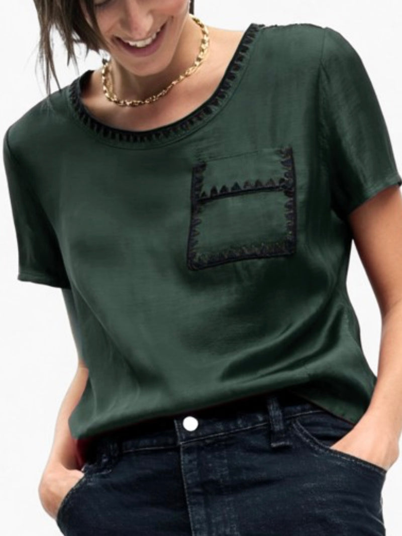 Whipstitch Satin Short Sleeve Blouse