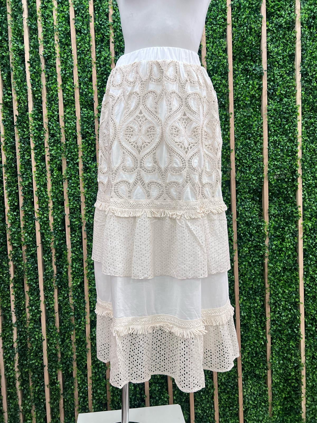 Breezy Cotton Lace Ruffle Tiered Maxi Skirt
