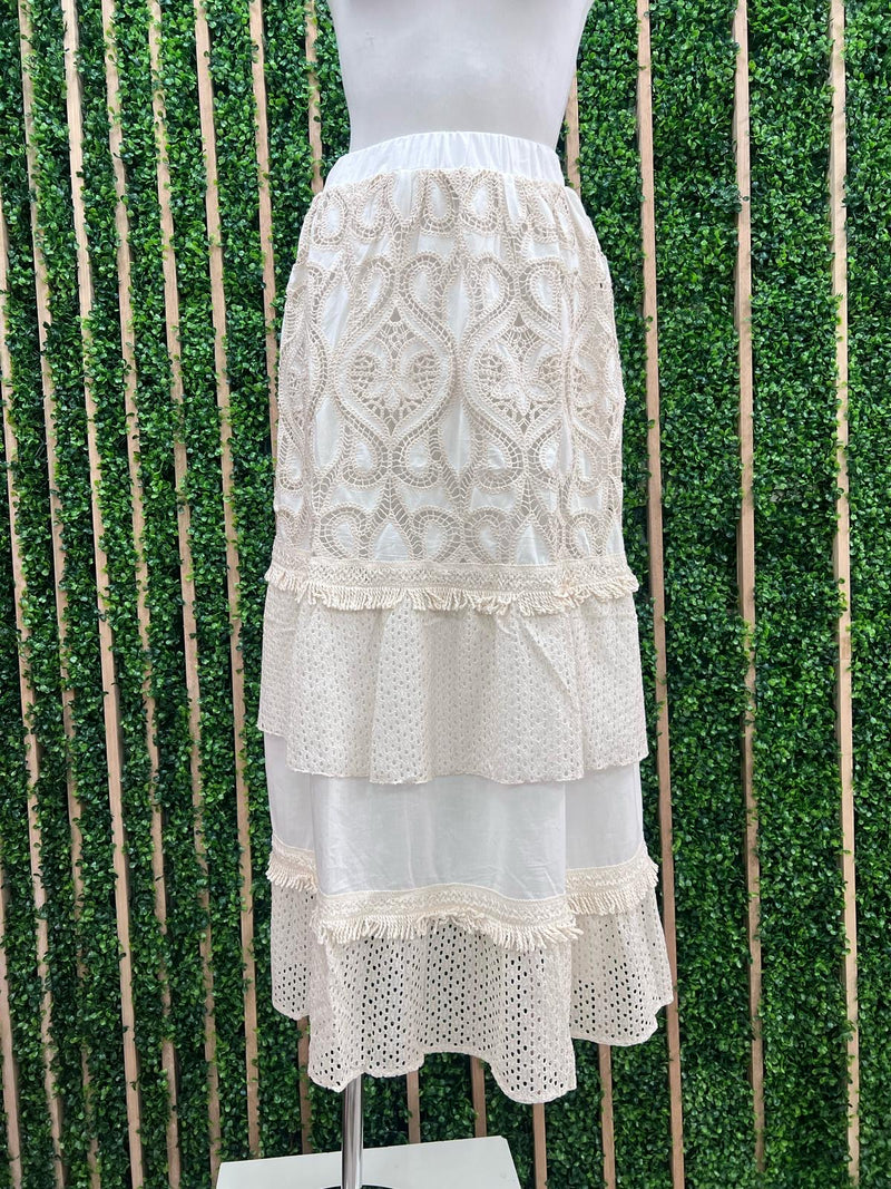 Breezy Cotton Lace Ruffle Tiered Maxi Skirt