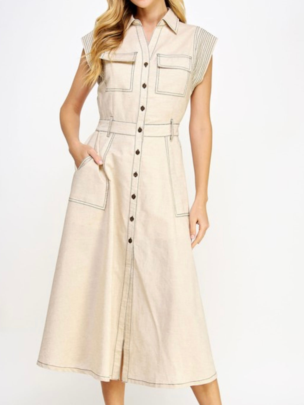 Stitch Detail Linen Midi Dress