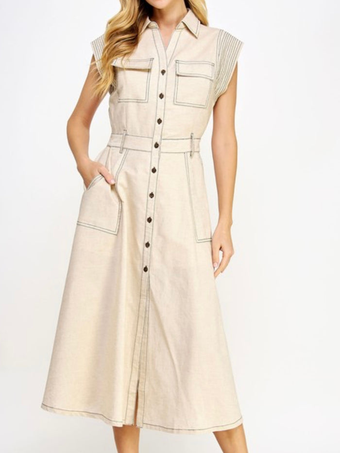 Stitch Detail Linen Midi Dress