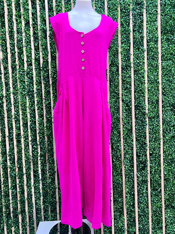 Scoop Neck Button Up Wide Leg Jumpsuit
