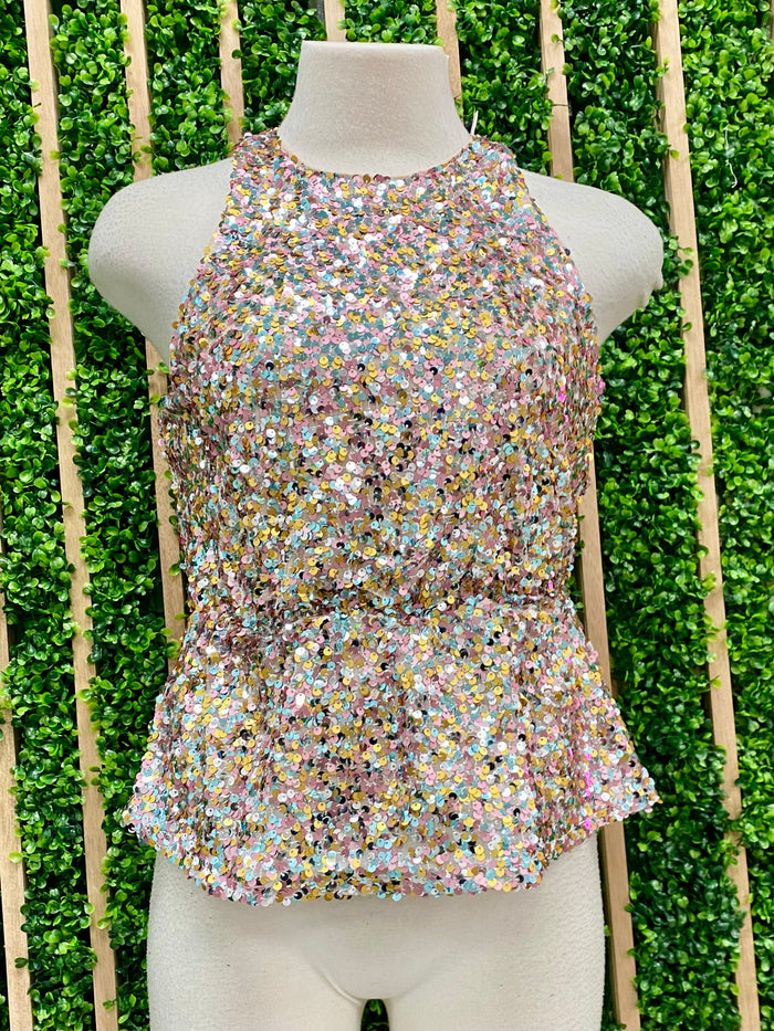 Silver Mutli Sequin HAlter Peplum Top