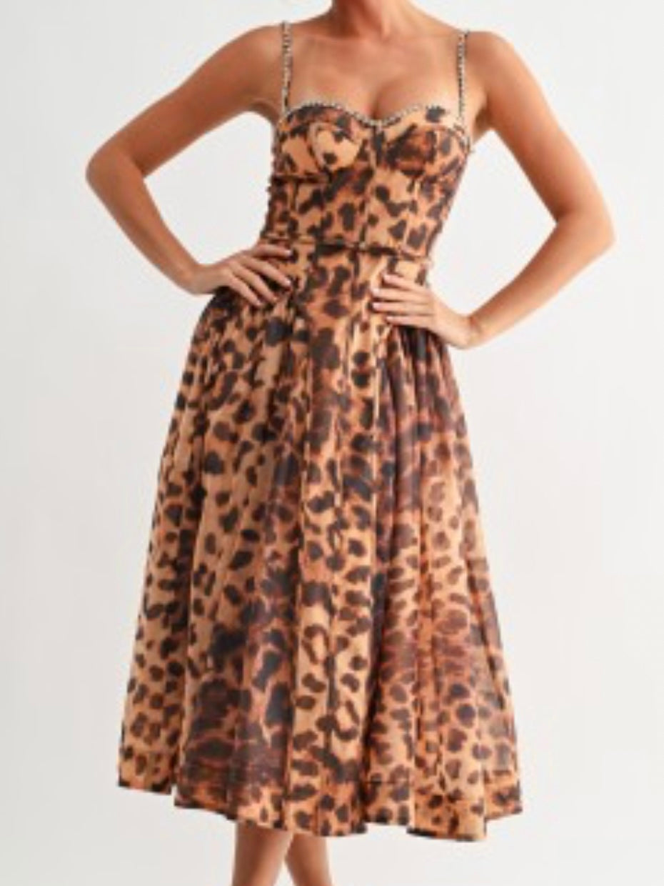 Exquisite Rhinestone Trim Leopard Bustier Midi Dress