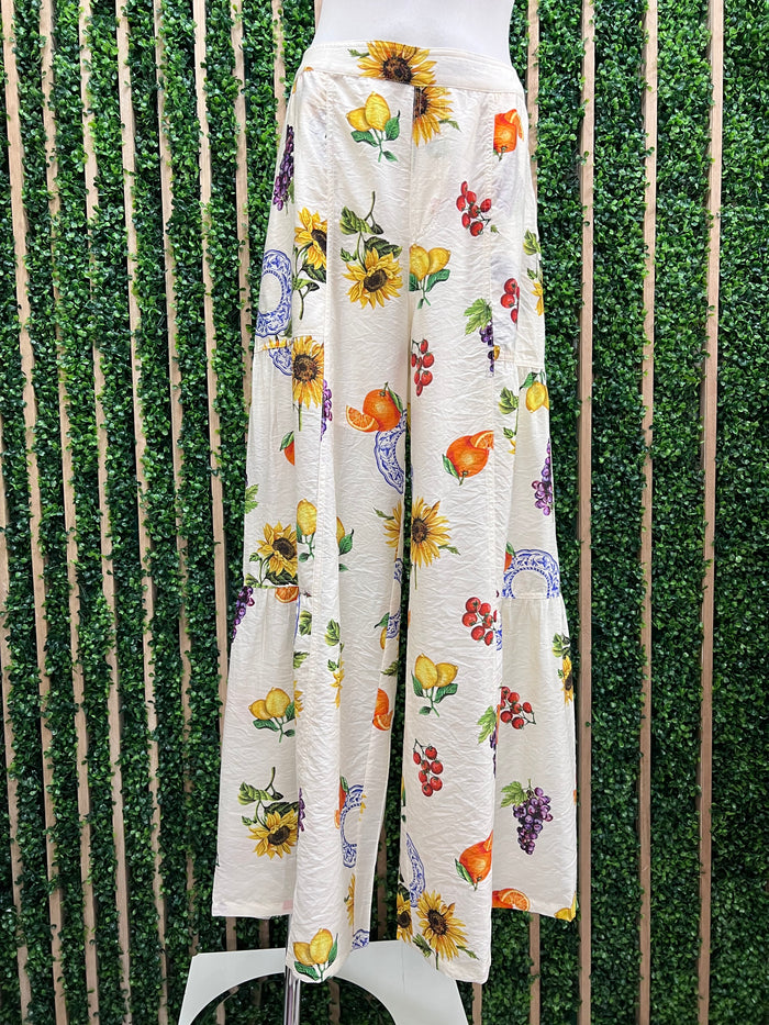 Fruit and Sunflowers Print Tiered Wide Leg Pant