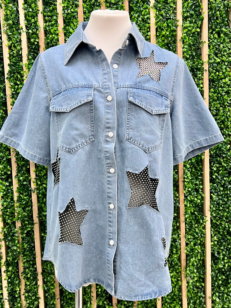 Star Cutout Denim Blouse