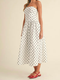 Strapless Polka Dot Drop Waist Midi Dress
