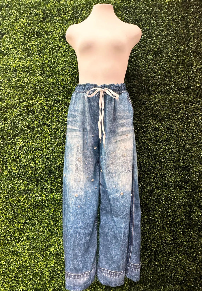 Rhinestone Embellished Wide Leg Denim Pant