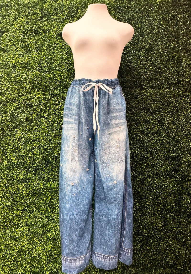 Rhinestone Embellished Wide Leg Denim Pant