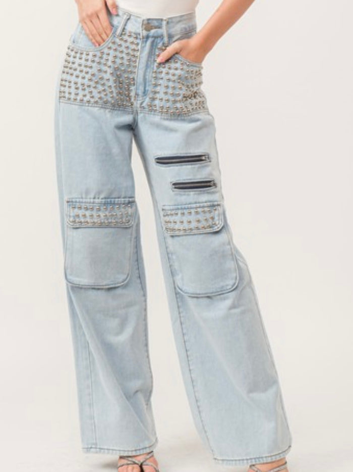 Light Denim Studded Cargo Pant