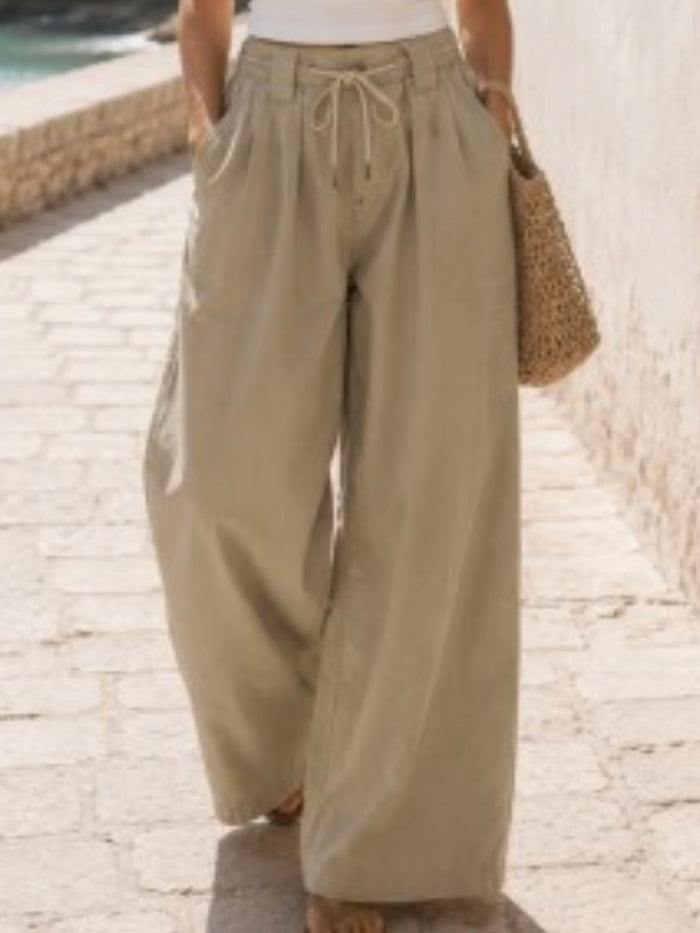 Beige Linen Blend Drawstring Wide Leg Pants