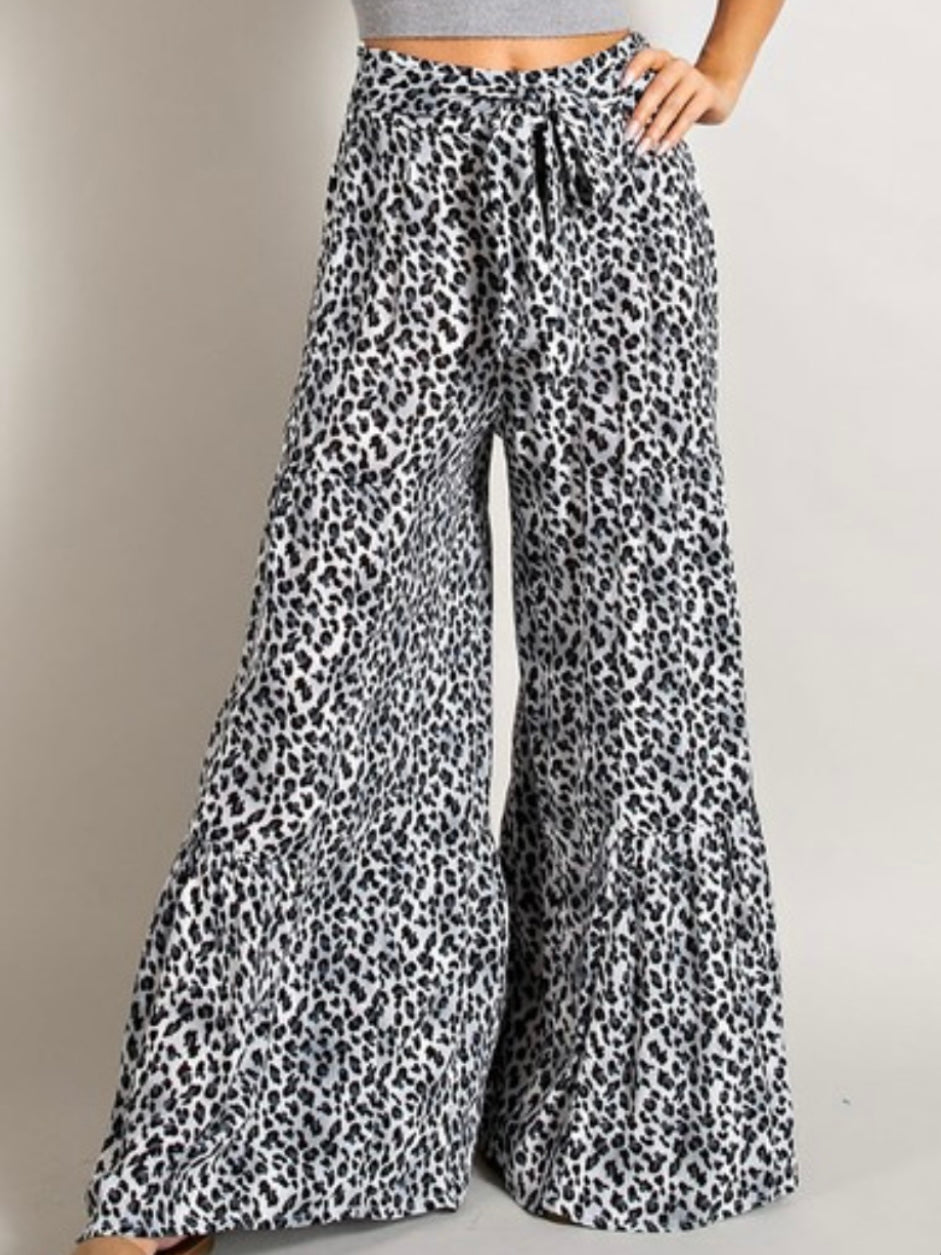 Grey Leopard Tiered Wide Leg Pant