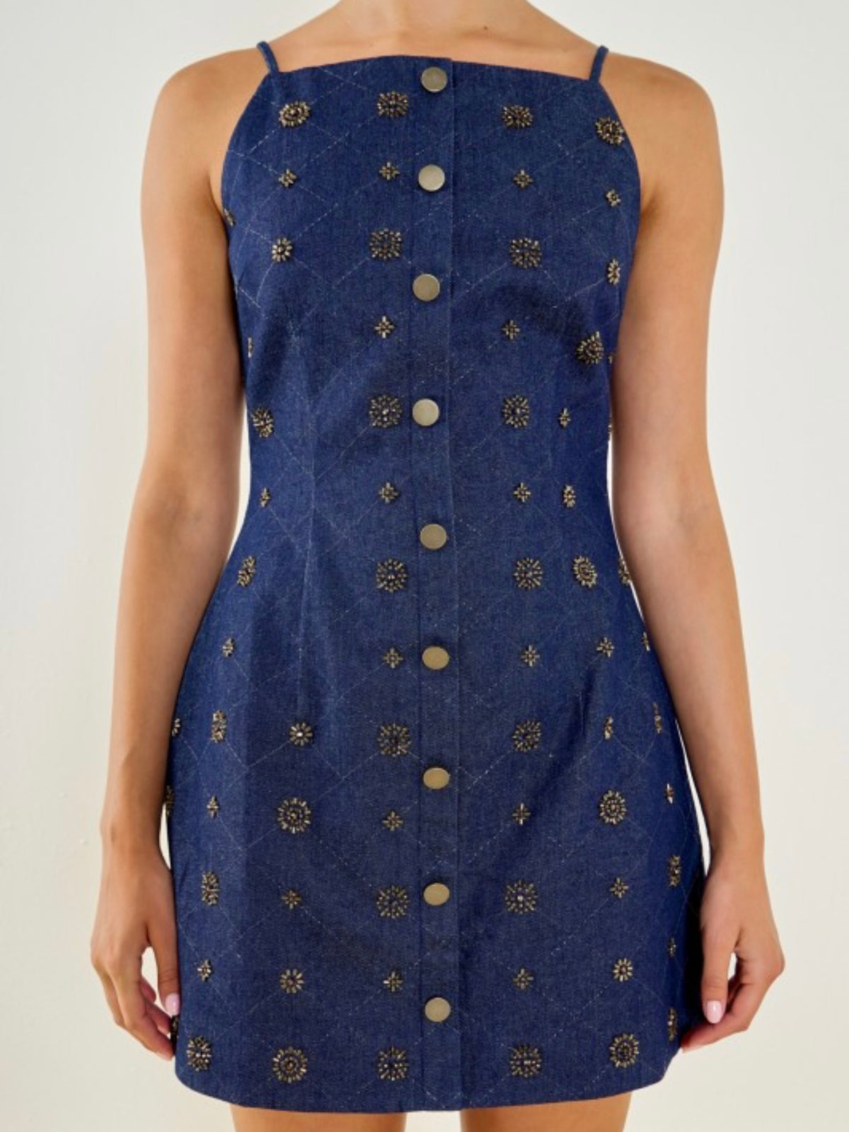 Square Neck Embellished Denim Mini Dress