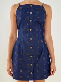 Square Neck Embellished Denim Mini Dress