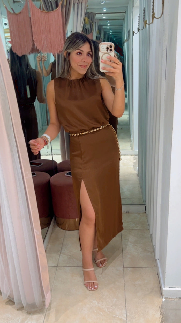 Mocha Silky Side Slit Midi Dress