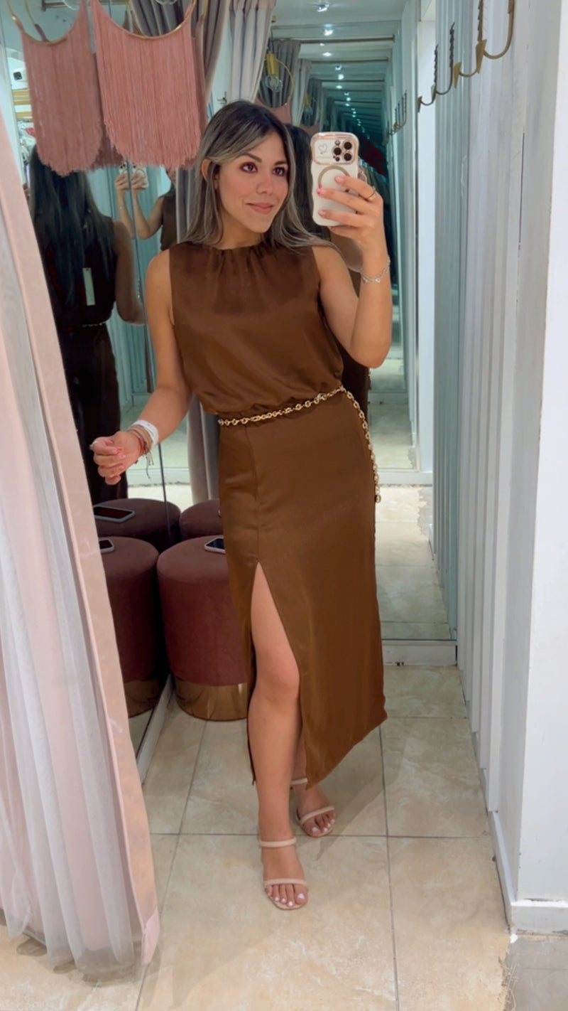 Mocha Silky Side Slit Midi Dress