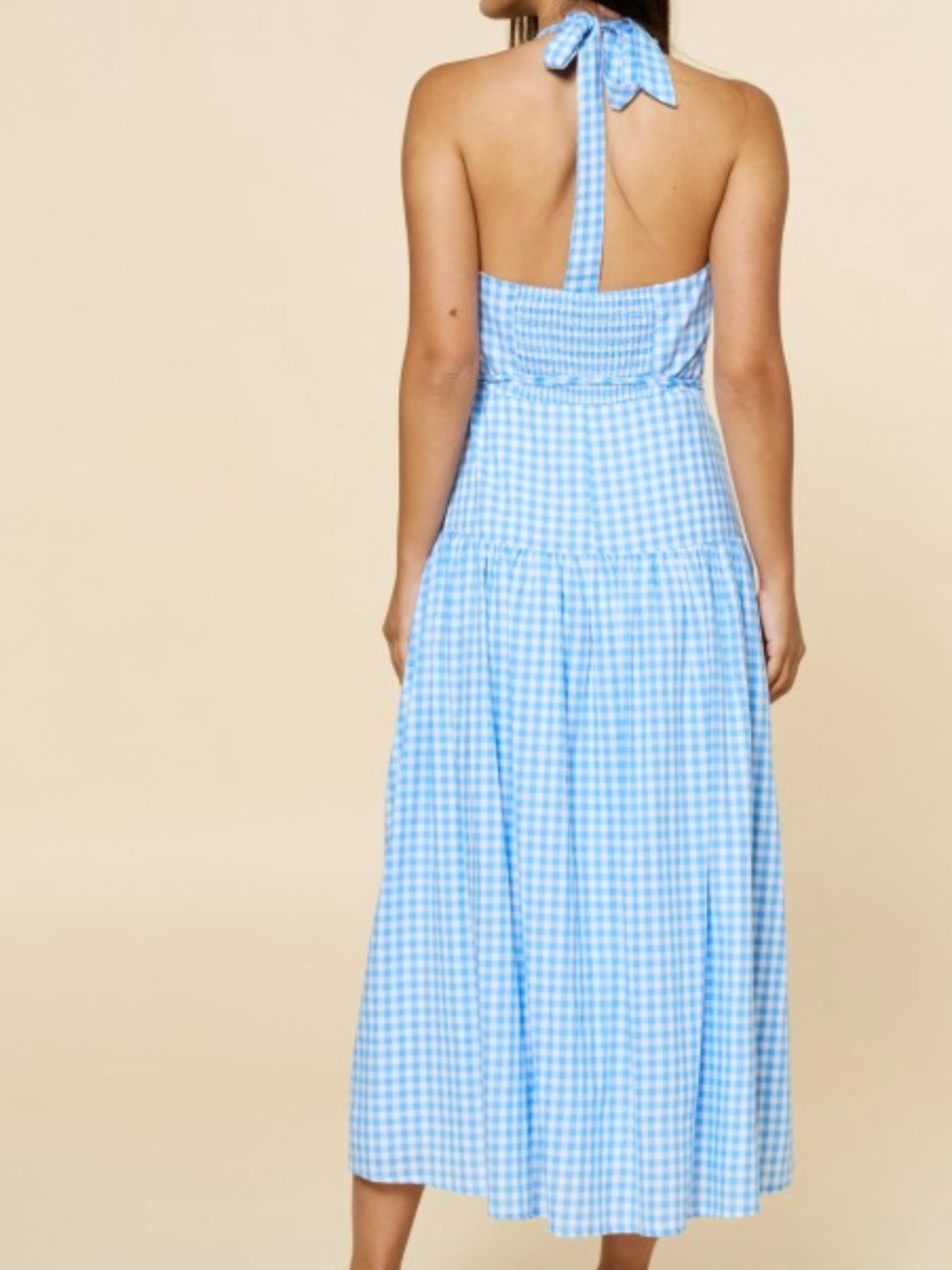 Light Blue Plaid Halter Neck Maxi Dress
