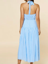 Light Blue Plaid Halter Neck Maxi Dress