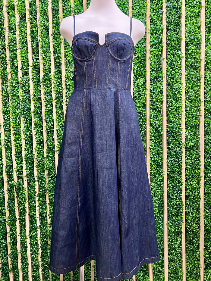 Dark Wash Denim Bustier Midi Dress