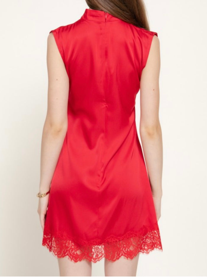 Red Satin Lace-Trim Sleeveless Mini Dress