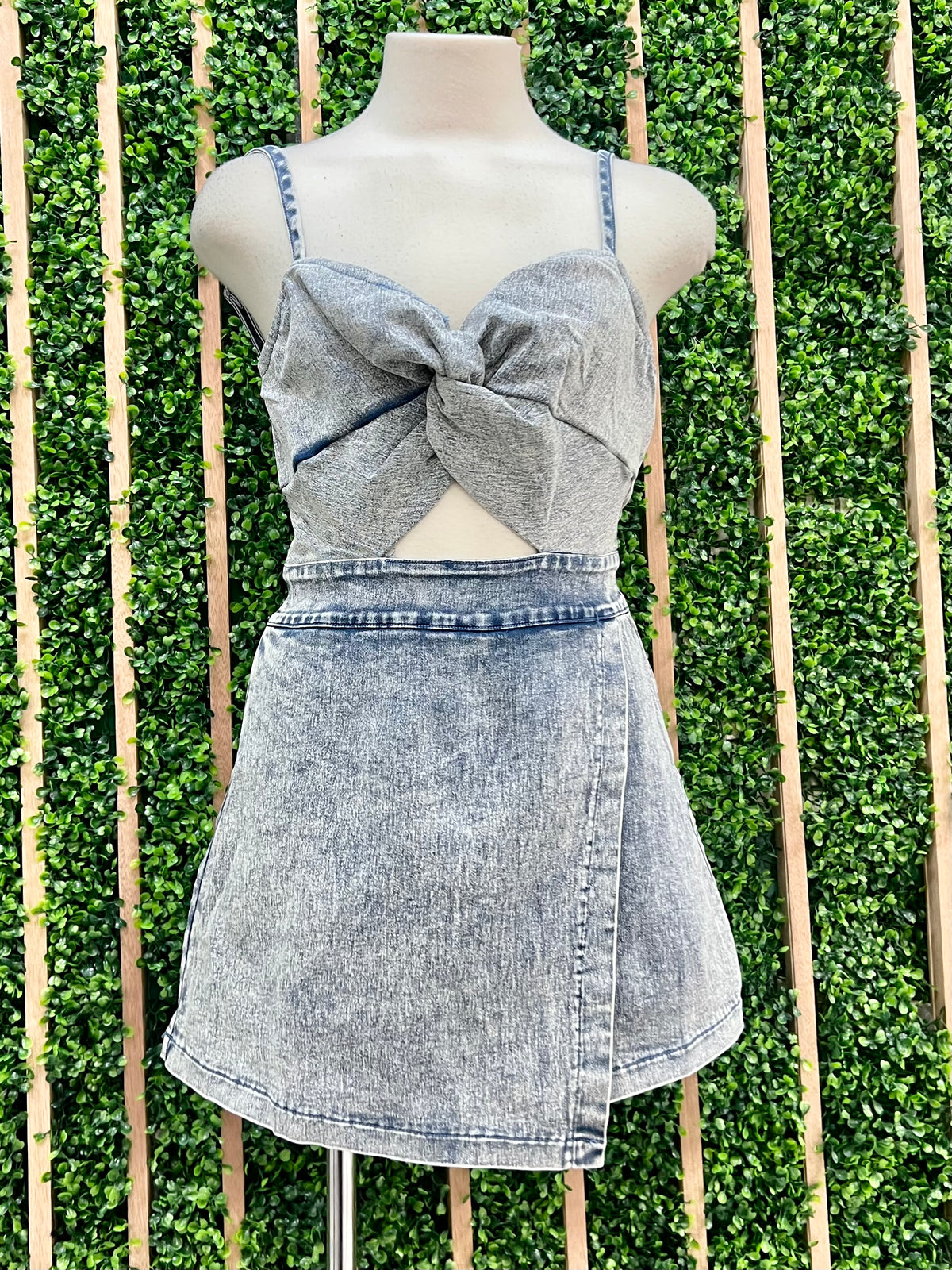 Cutout Detail Acid Wash Denim Skirt Romper