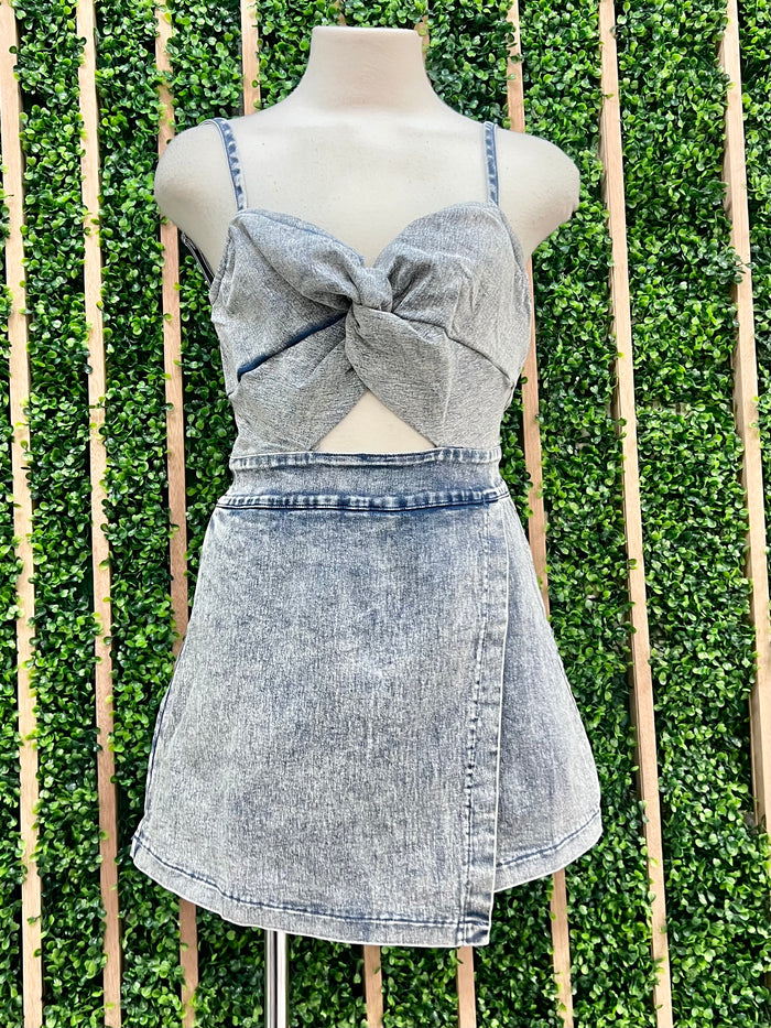 Cutout Detail Acid Wash Denim Skirt Romper