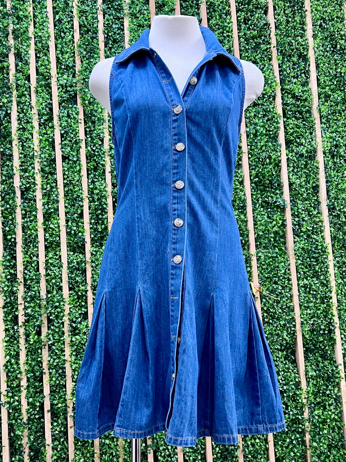 Fitted Collared Sleveless Short Denim Dress