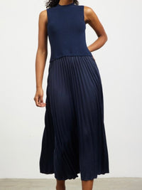 Navy Contrast Pleated Skirt Midi Dress