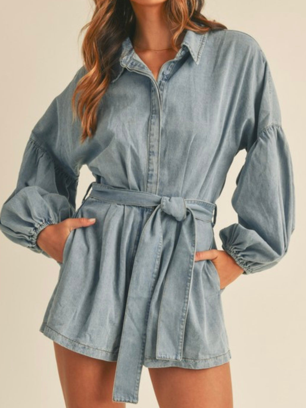 Denim Balloon Sleeve Romper