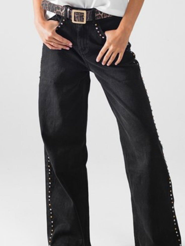 Black Side Studded Straight Jeans