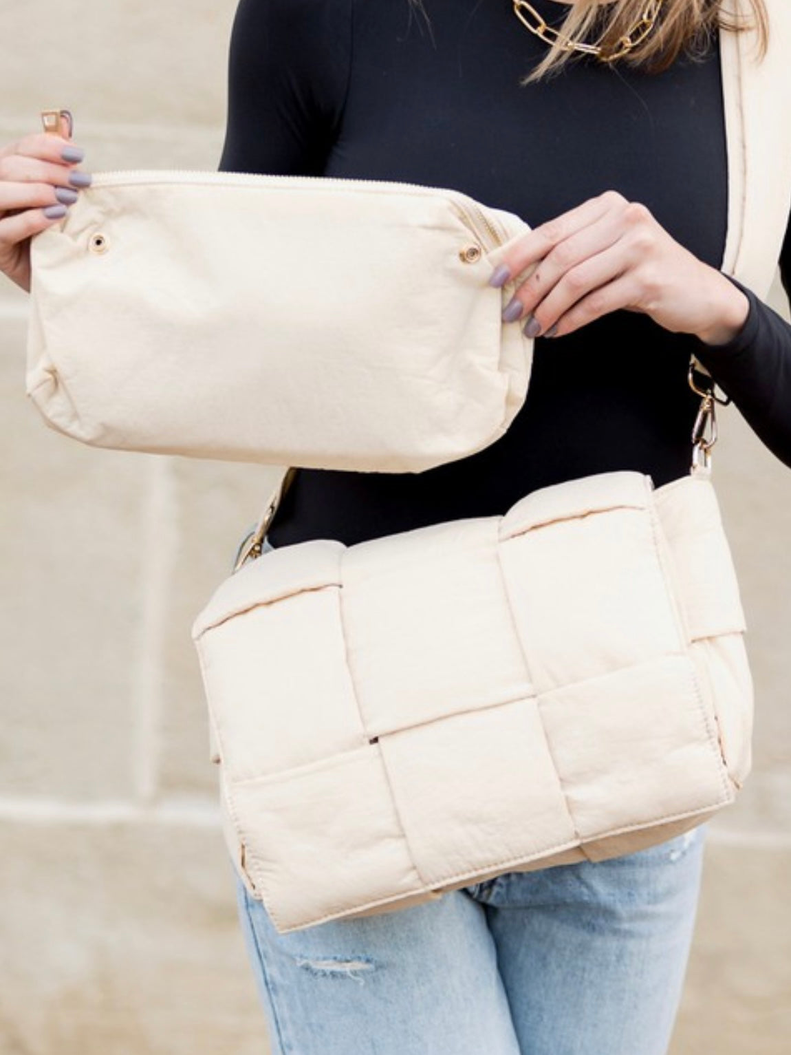 Cross Weave Fold Over Puffer Crossbody with Pouch