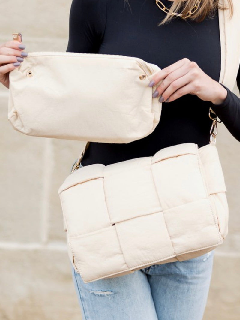 Cross Weave Fold Over Puffer Crossbody with Pouch