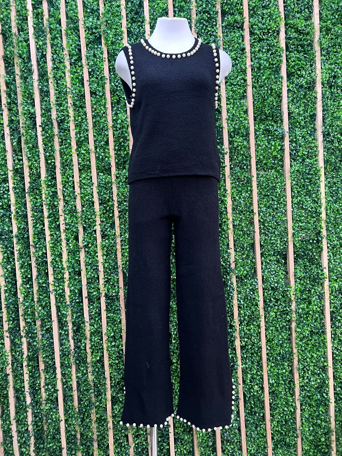 Black Pearl Trim Knit Pant Set