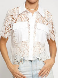 White Contrast Lace Button Down Lace Blouse