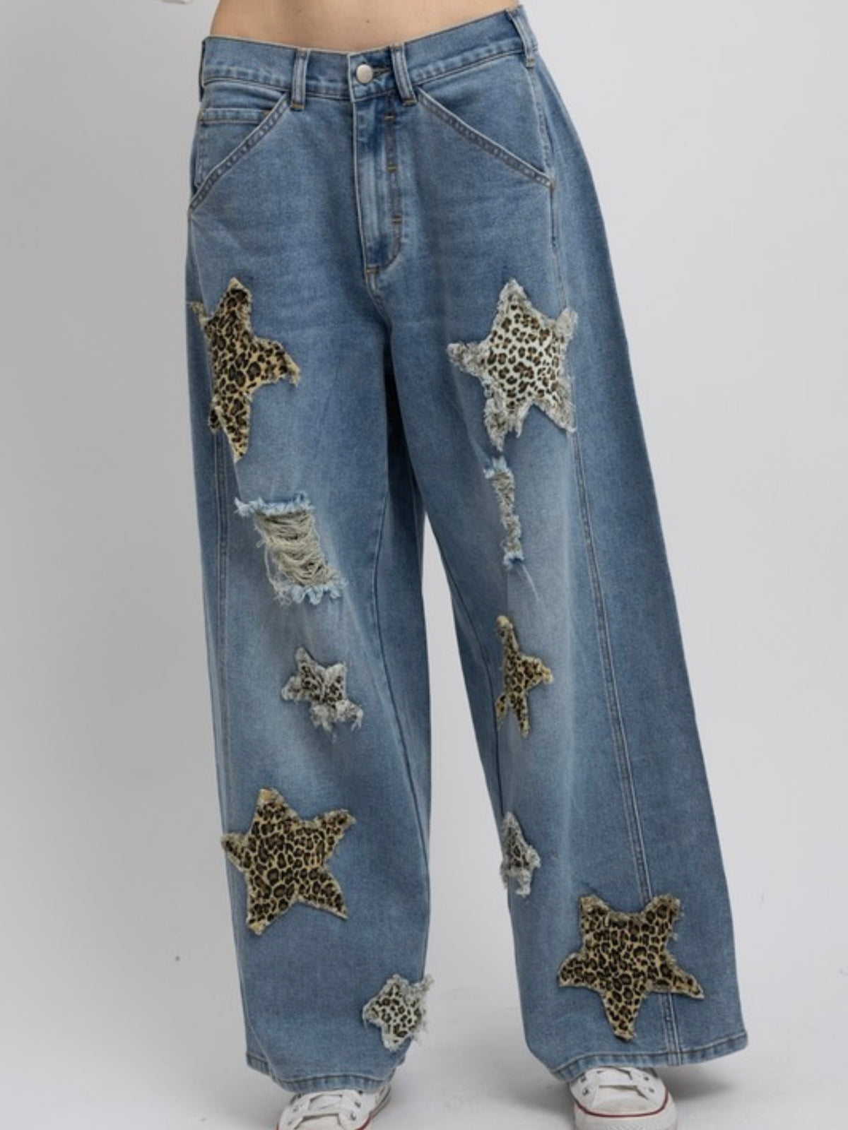 Leopard Star Patch Loose Fit Denim Pants