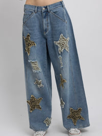 Leopard Star Patch Loose Fit Denim Pants