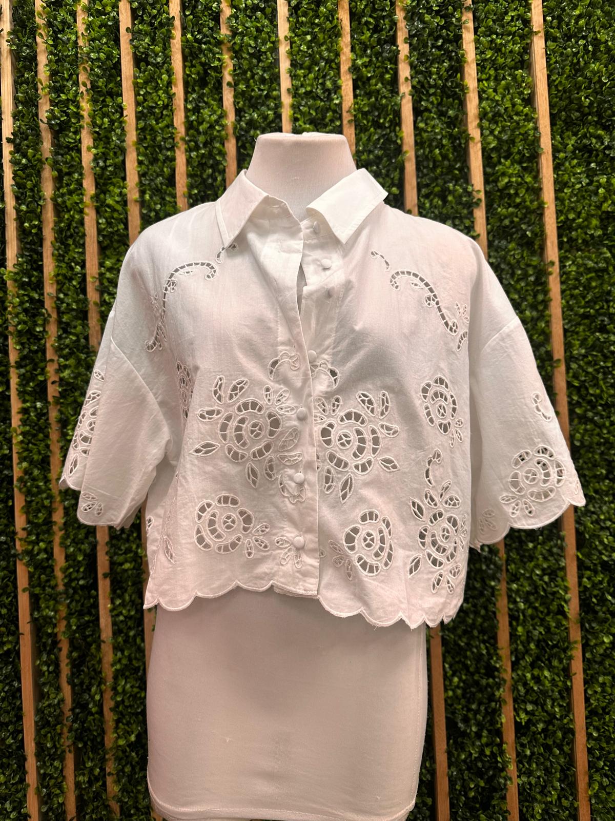 Off White Embroidered Button Down Top