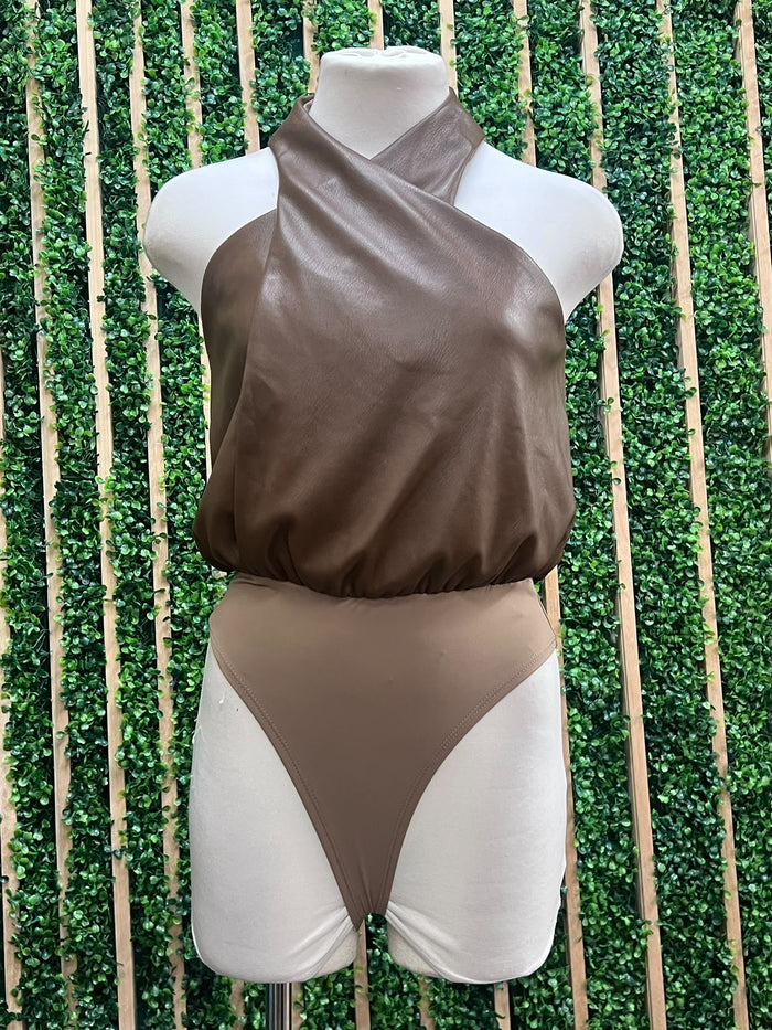 Chocolate Faux Leather Cross-Front Halter Bodysuit