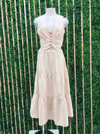 Cream Tiered Denim Midi Skirt