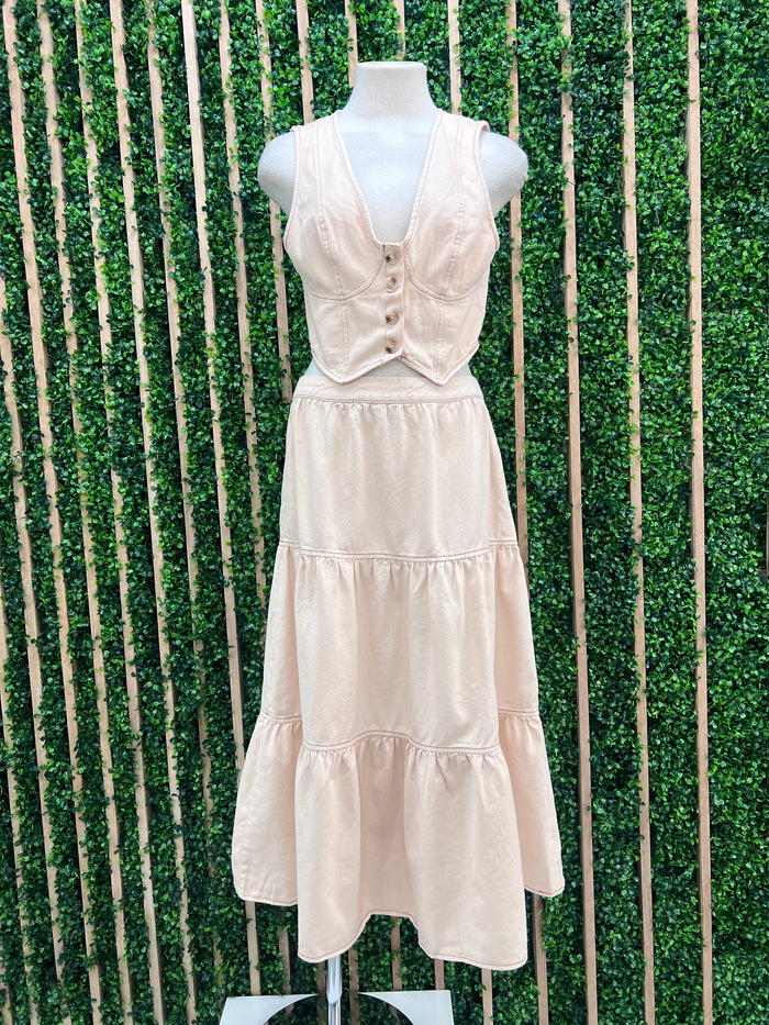 Cream Tiered Denim Midi Skirt