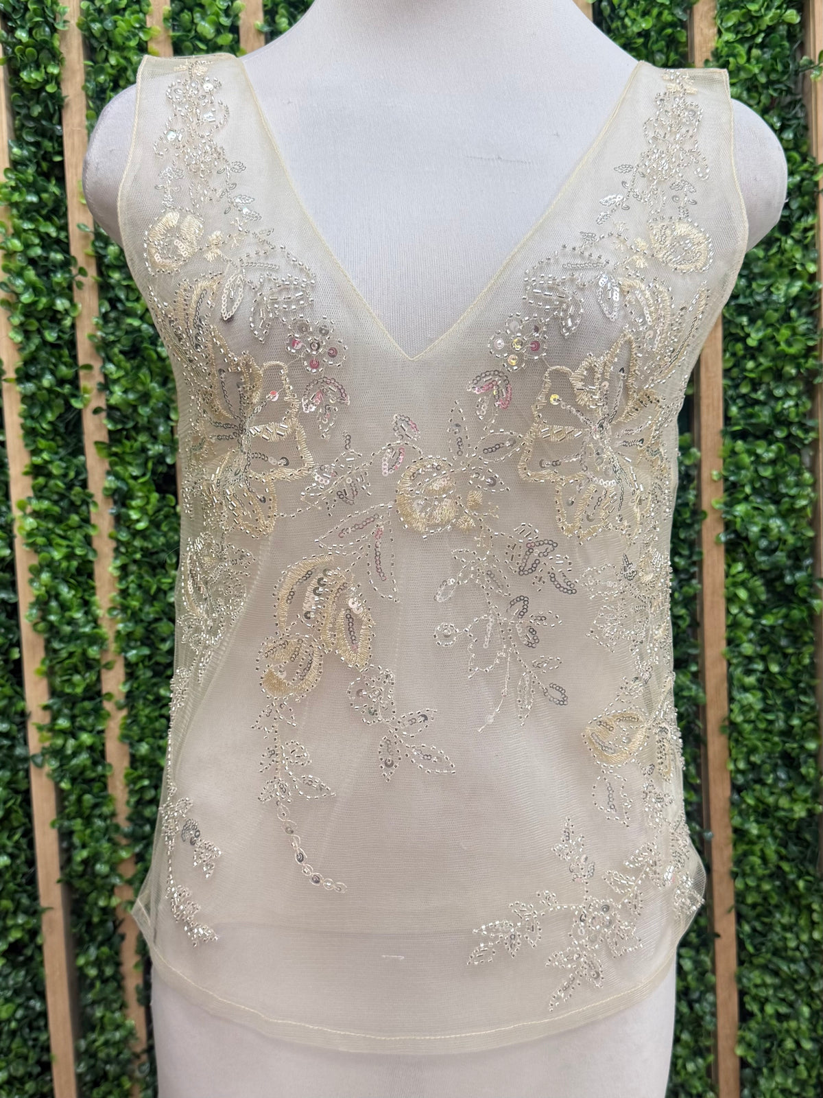 Silver Embellished Mesh V Neck Top