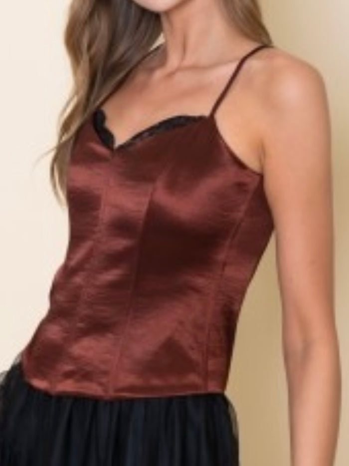 Chocolate Satin Lace Trim Corset Cami Top