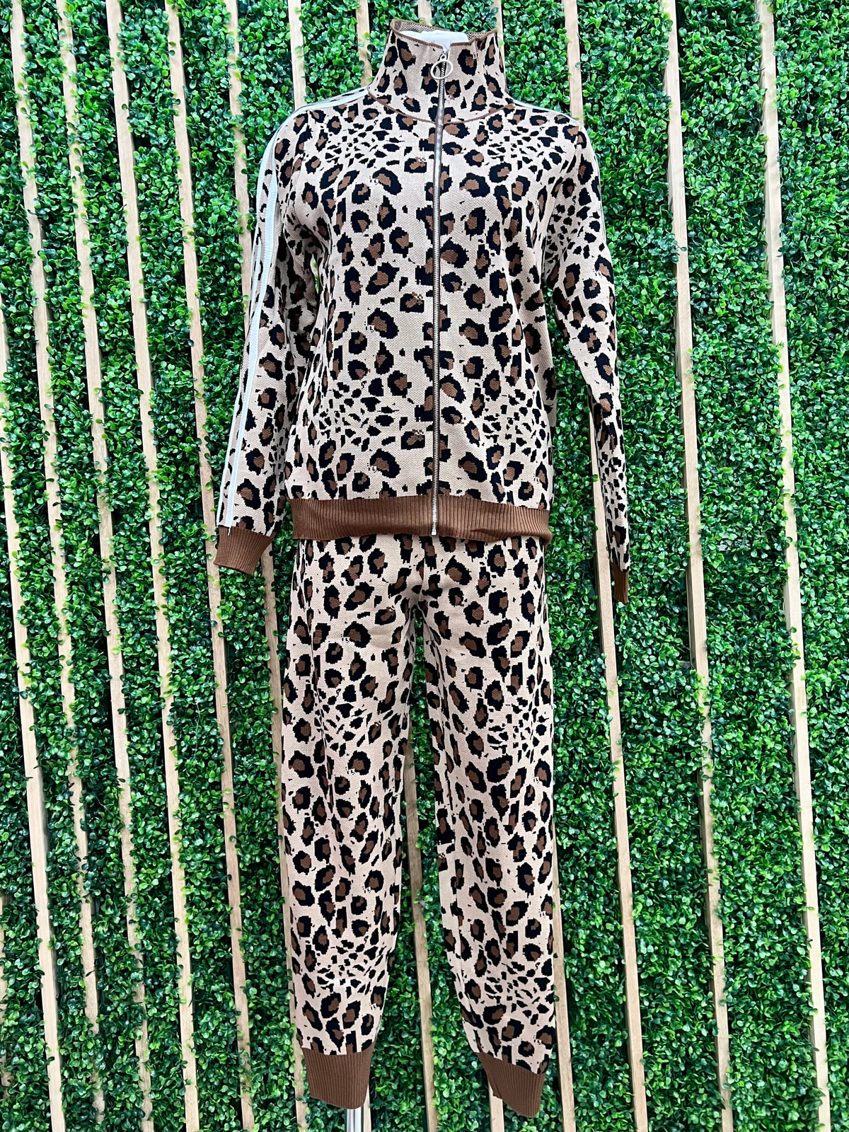 Track Trim Knit Brown Leopard Jogger Set