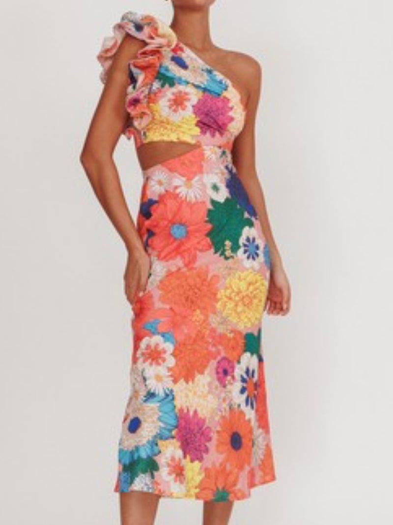 Beautiful Cutout Floral One Shoulder Midi Dress