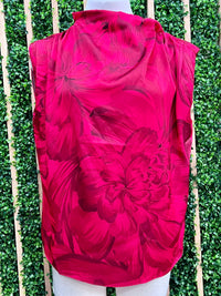 Red Floral Satin Cowl Neck Blouse