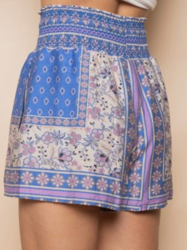 Blue Printed Patchwork Smocked Waist Shorts